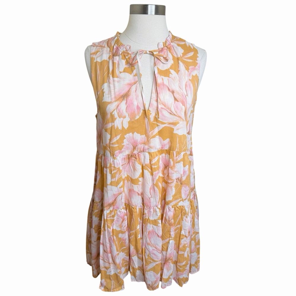 Steve Madden Floral Cotton Tiered Babydoll Mini Dress S Cottagecore Boho Tie